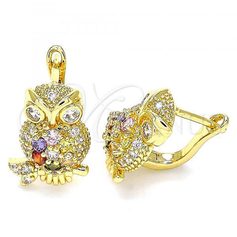 Oro Laminado Leverback Earring, Gold Filled Style Owl Design, with Multicolor Micro Pave, Polished, Golden Finish, 02.210.0439.1