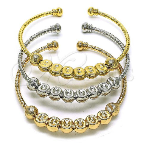 Oro Laminado Trio Bangle, Gold Filled Style Ball Design, Diamond Cutting Finish, Tricolor, 07.170.0018