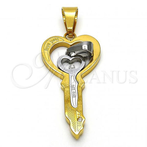 Stainless Steel Fancy Pendant, key and Love Design, with White Crystal, Polished, Two Tone, 05.294.0002