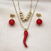Oro Laminado Necklace and Earring, Gold Filled Style Chili and Box Design, Red Enamel Finish, Golden Finish, 06.417.0023