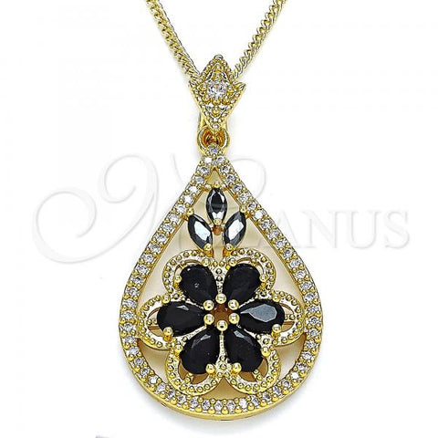 Oro Laminado Pendant Necklace, Gold Filled Style Teardrop and Flower Design, with Black and White Cubic Zirconia, Polished, Golden Finish, 04.283.0021.1.20