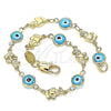 Oro Laminado Fancy Bracelet, Gold Filled Style Evil Eye and Elephant Design, Turquoise Resin Finish, Golden Finish, 03.326.0010.3.08