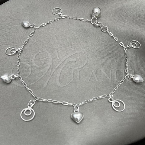 Sterling Silver Charm Anklet , Heart Design, Polished, Silver Finish, 03.409.0031.10