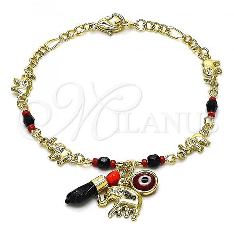 Oro Laminado Charm Bracelet, Gold Filled Style Elephant and Evil Eye Design, with Garnet Crystal, Polished, Golden Finish, 03.213.0217.07