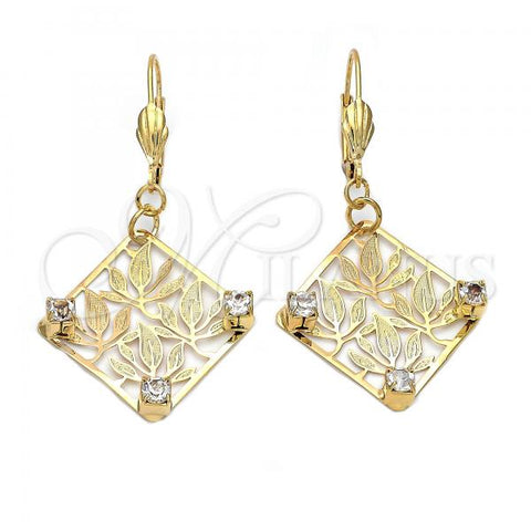 Oro Laminado Dangle Earring, Gold Filled Style Leaf Design, with White Cubic Zirconia, Diamond Cutting Finish, Golden Finish, 89.009