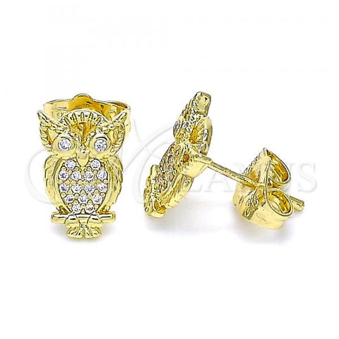 Oro Laminado Stud Earring, Gold Filled Style Owl Design, with White Micro Pave, Polished, Golden Finish, 02.156.0546