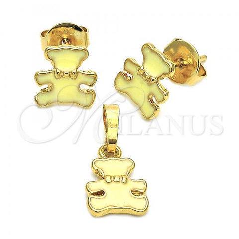 Oro Laminado Earring and Pendant Children Set, Gold Filled Style Teddy Bear Design, Enamel Finish, Golden Finish, 10.64.0016