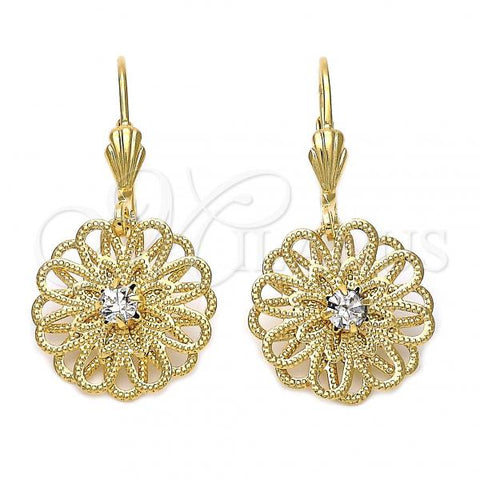 Oro Laminado Dangle Earring, Gold Filled Style Flower Design, with White Cubic Zirconia, Diamond Cutting Finish, Golden Finish, 5.005.006