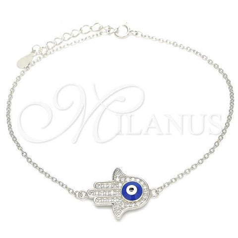 Sterling Silver Fancy Bracelet, Hand of God and Evil Eye Design, with White Micro Pave, Blue Enamel Finish, Rhodium Finish, 03.336.0061.08