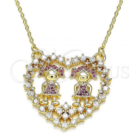 Oro Laminado Pendant Necklace, Gold Filled Style Little Girl and Heart Design, with Ruby and White Micro Pave, Polished, Golden Finish, 04.195.0063.18