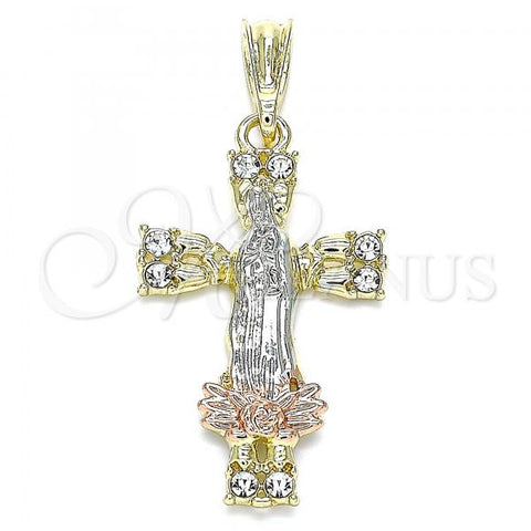 Oro Laminado Religious Pendant, Gold Filled Style Guadalupe and Cross Design, with White Crystal, Polished, Tricolor, 05.380.0087