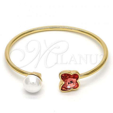 Oro Laminado Individual Bangle, Gold Filled Style Butterfly Design, with Rose Peach Swarovski Crystals and Ivory Pearl, Polished, Golden Finish, 07.239.0005.6 (03 MM Thickness, One size fits all)