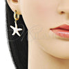 Oro Laminado Dangle Earring, Gold Filled Style Star Design, White Enamel Finish, Golden Finish, 02.341.0250