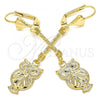 Oro Laminado Long Earring, Gold Filled Style Owl Design, with  and  Swarovski Crystals, Polished, Golden Finish, 02.32.0547