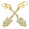 Oro Laminado Long Earring, Gold Filled Style Owl Design, with and Swarovski Crystals, Polished, Golden Finish, 02.32.0547