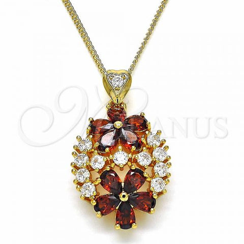 Oro Laminado Pendant Necklace, Gold Filled Style Flower Design, with Garnet and White Cubic Zirconia, Polished, Golden Finish, 04.346.0013.20