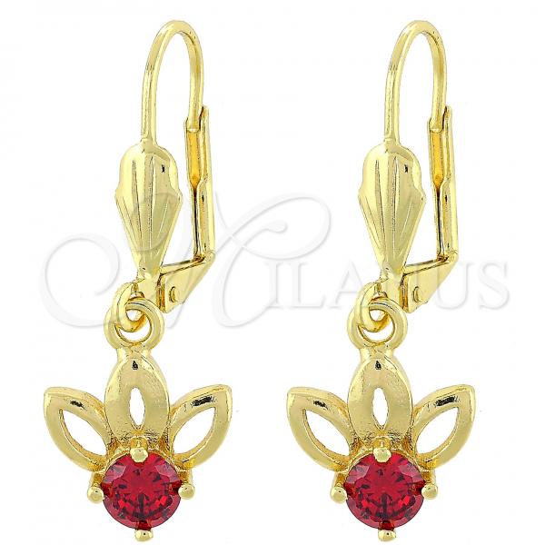 Oro Laminado Dangle Earring, Gold Filled Style Flower Design, with Garnet Cubic Zirconia, Polished, Golden Finish, 02.63.2456.1