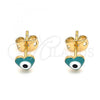 Oro Laminado Stud Earring, Gold Filled Style Evil Eye and Heart Design, Green Enamel Finish, Golden Finish, 02.213.0187 *PROMO*