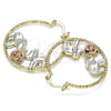 Oro Laminado Medium Hoop, Gold Filled Style Flower and Elephant Design, Diamond Cutting Finish, Tricolor, 02.351.0105.35