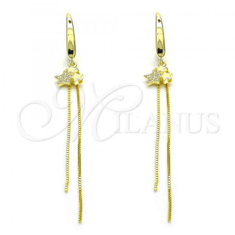 Sterling Silver Long Earring, Star Design, with White Micro Pave, Polished, Golden Finish, 02.186.0163