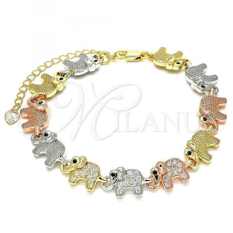 Oro Laminado Fancy Bracelet, Gold Filled Style Elephant Design, with White and Black Micro Pave, Polished, Tricolor, 03.380.0016.07