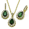 Oro Laminado Earring and Pendant Adult Set, Gold Filled Style Cluster and Teardrop Design, with Green and White Cubic Zirconia, Polished, Golden Finish, 10.196.0194