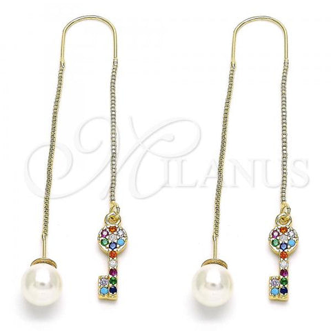 Oro Laminado Threader Earring, Gold Filled Style key Design, with Multicolor Micro Pave, Polished, Golden Finish, 02.210.0545.1
