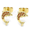 Oro Laminado Stud Earring, Gold Filled Style Dolphin Design, with Garnet Micro Pave, Polished, Golden Finish, 02.344.0064.1