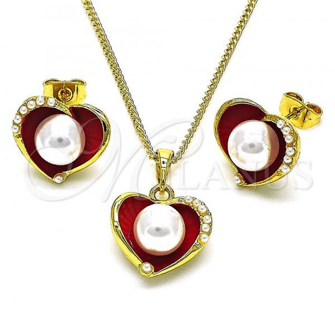 Oro Laminado Earring and Pendant Adult Set, Gold Filled Style Heart Design, with Ivory Pearl, Red Enamel Finish, Golden Finish, 10.379.0048.2