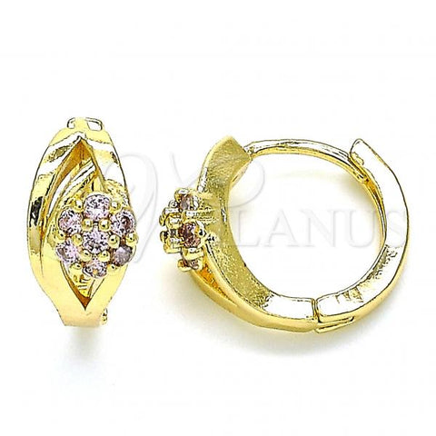 Oro Laminado Huggie Hoop, Gold Filled Style Flower Design, with Pink Cubic Zirconia, Polished, Golden Finish, 02.210.0491.2.15