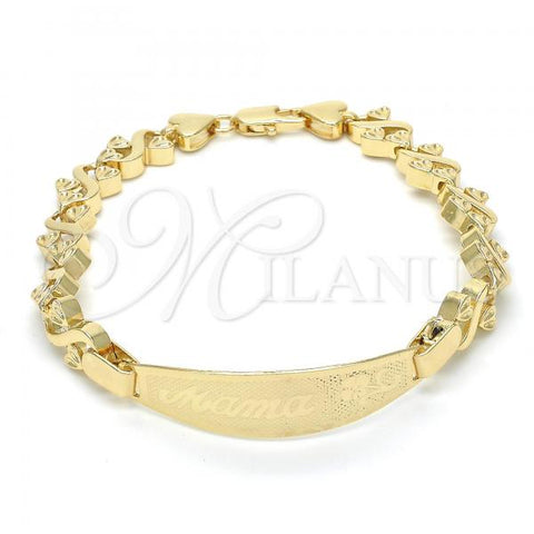 Oro Laminado ID Bracelet, Gold Filled Style Flower and Heart Design, Polished, Golden Finish, 03.63.1941.08