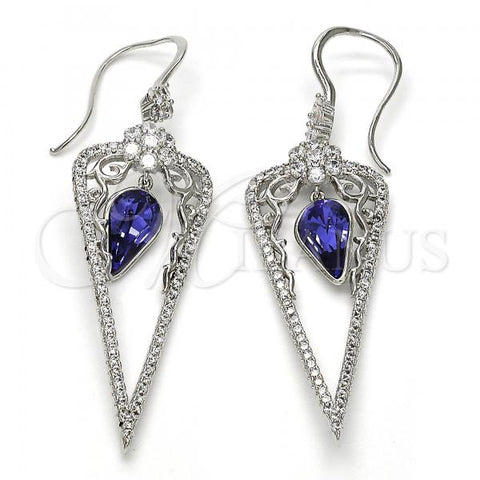 Rhodium Plated Long Earring, Teardrop and Flower Design, with Tanzanite Swarovski Crystals and White Cubic Zirconia, Polished, Rhodium Finish, 02.26.0155