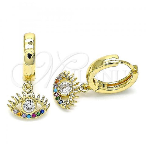 Oro Laminado Huggie Hoop, Gold Filled Style Evil Eye Design, with White Cubic Zirconia and Multicolor Micro Pave, Polished, Golden Finish, 02.210.0513.1.15