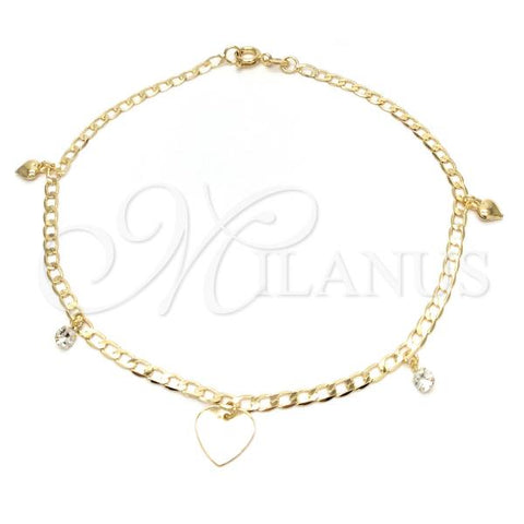 Oro Laminado Charm Anklet , Gold Filled Style Heart and Curb Design, Polished, Golden Finish, 03.58.0006.10