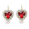 Oro Laminado Leverback Earring, Gold Filled Style Heart Design, with Garnet and White Crystal, Polished, Golden Finish, 02.122.0111