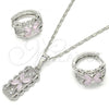 Rhodium Plated Earring and Pendant Adult Set, Flower Design, with Pink and White Cubic Zirconia, Polished, Rhodium Finish, 10.210.0062.11