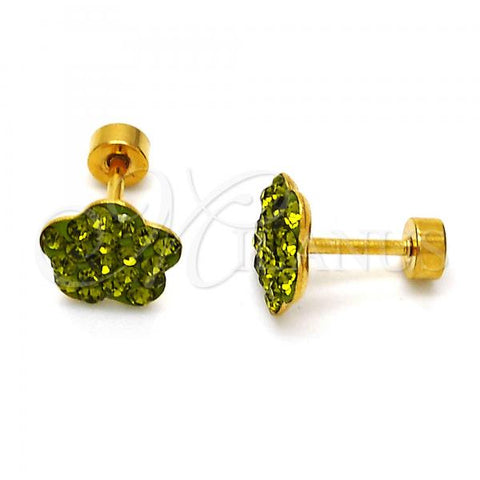 Stainless Steel Stud Earring, Flower Design, with Dark Peridot Crystal, Polished, Golden Finish, 02.271.0020.10