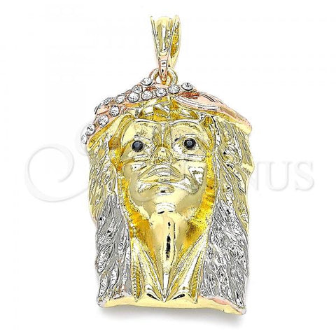 Oro Laminado Religious Pendant, Gold Filled Style Jesus Design, with White and Black Crystal, Polished, Tricolor, 05.380.0072