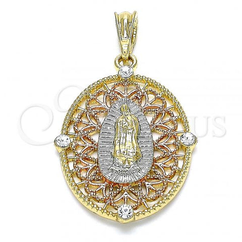 Oro Laminado Fancy Pendant, Gold Filled Style Guadalupe Design, with White Crystal, Polished, Tricolor, 05.380.0009