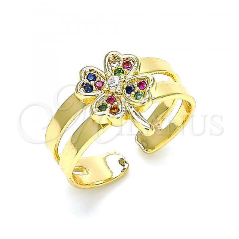 Oro Laminado Baby Ring, Gold Filled Style Four-leaf Clover Design, with Multicolor Micro Pave, Polished, Golden Finish, 01.233.0018.2 (One size fits all)