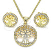 Oro Laminado Earring and Pendant Adult Set, Gold Filled Style Tree Design, with White Micro Pave, Polished, Golden Finish, 10.156.0335