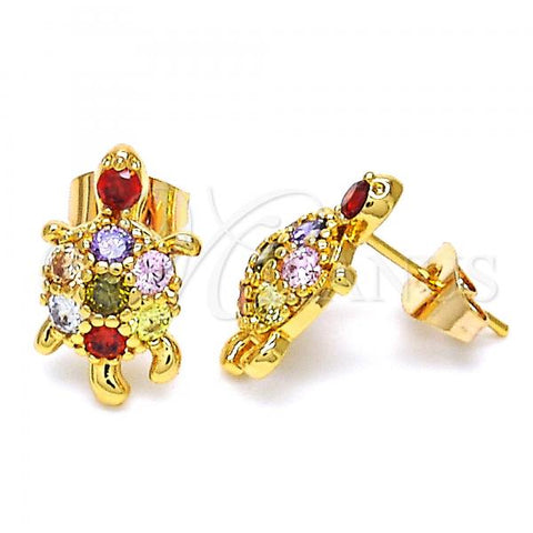 Oro Laminado Stud Earring, Gold Filled Style Turtle Design, with Multicolor Cubic Zirconia, Polished, Golden Finish, 02.345.0010