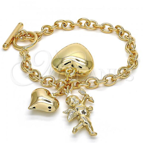 Oro Laminado Charm Bracelet, Gold Filled Style Heart and Love Design, Polished, Golden Finish, 5.004.011.08