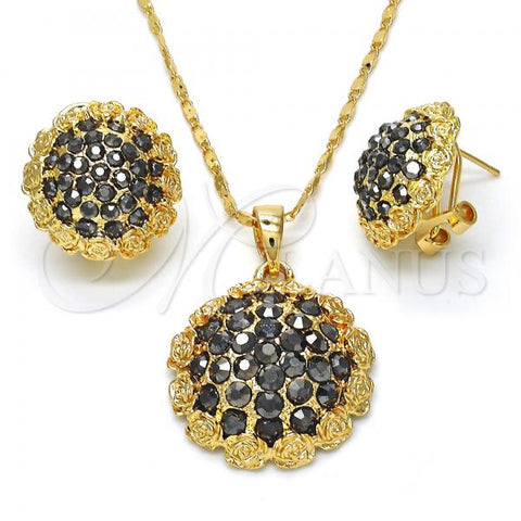 Oro Laminado Earring and Pendant Adult Set, Gold Filled Style Flower Design, with Black Crystal, Polished, Golden Finish, 10.273.0027