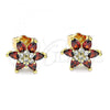 Oro Laminado Stud Earring, Gold Filled Style Flower Design, with Garnet and White Cubic Zirconia, Polished, Golden Finish, 02.346.0014