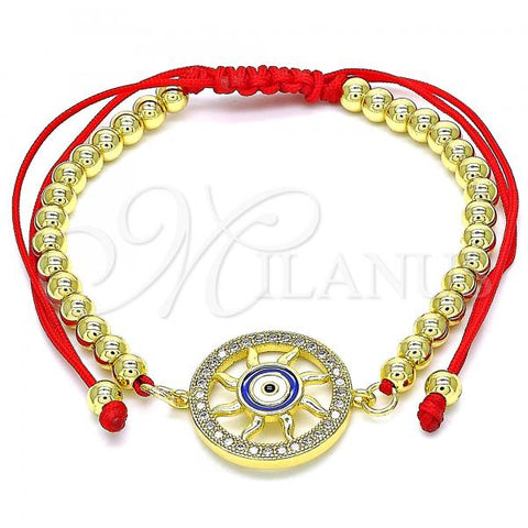 Oro Laminado Adjustable Bolo Bracelet, Gold Filled Style Evil Eye and Ball Design, with White Micro Pave, Multicolor Enamel Finish, Golden Finish, 03.341.0092.11