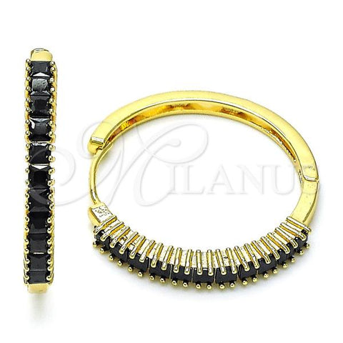 Oro Laminado Huggie Hoop, Gold Filled Style Baguette Design, with Black Cubic Zirconia, Polished, Golden Finish, 02.210.0105.18.35