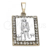 Oro Laminado Religious Pendant, Gold Filled Style San Lazaro Design, with White Cubic Zirconia, Polished, Two Tone, 5.198.030