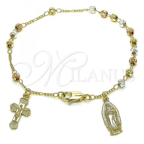 Oro Laminado Charm Bracelet, Gold Filled Style Guadalupe and Crucifix Design, Diamond Cutting Finish, Tricolor, 03.253.0089.08