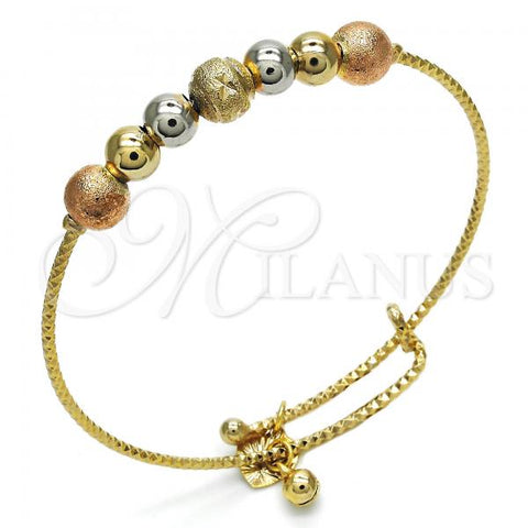 Oro Laminado Individual Bangle, Gold Filled Style Rattle Charm Design, Diamond Cutting Finish, Tricolor, 07.312.0001.1.04 (02 MM Thickness, Size 4 - 2.25 Diameter)